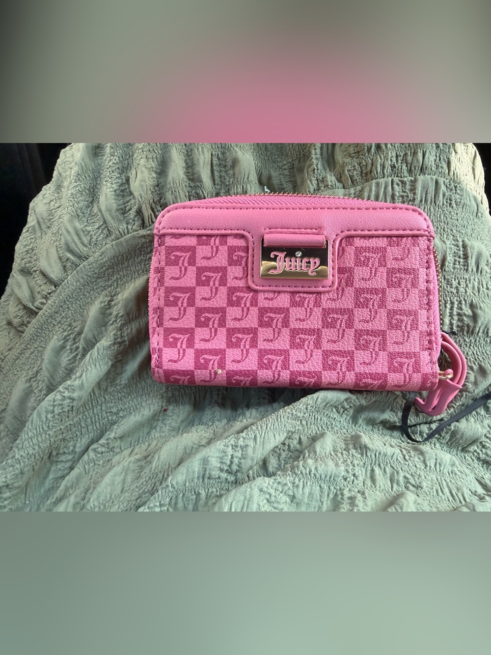 Juicy Couture Pink Checker Monogram Zip Wallet
